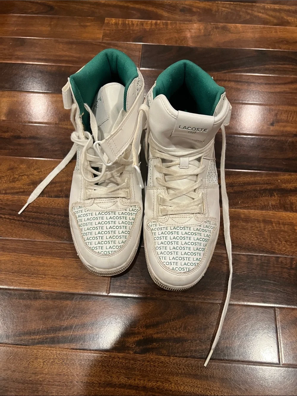 Lacoste White High-Top Sneakers with Green Inner Lining